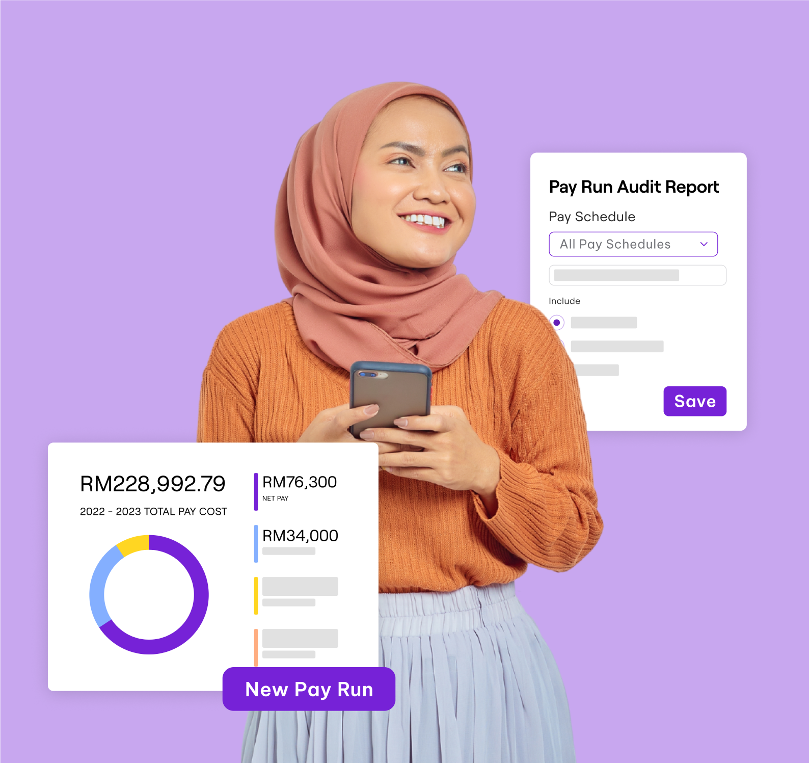 A woman in a brown hijab smiling and holding a phone, with overlay popups showing payroll audit and pay run data.
