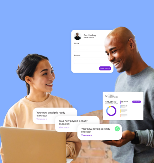 Two person smiling and graphic overlays about payslip being ready.